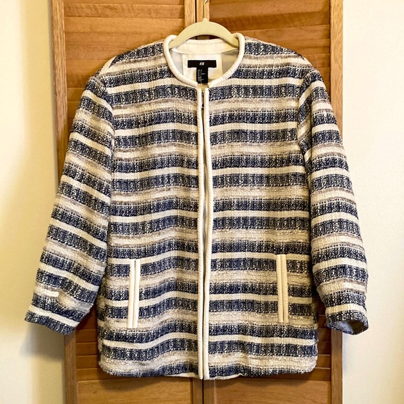 H&M Womens size 4 Textured Weave striped boucle Jacket lined zip up NWT - Picture 1 of 10